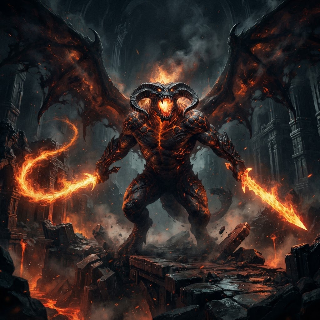 Ilustração épica de um Balrog, criatura de sombra e fogo com chifres, asas de fumaça e armas flamejantes em meio às ruínas escuras de Moria